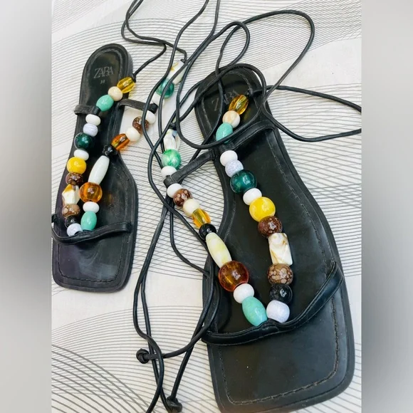 Brand new zara limited edition leather with beads summer lace up flat sandal - Picture 3 of 6